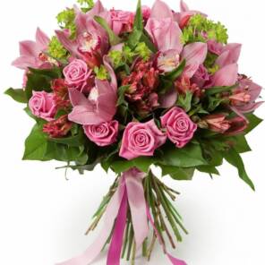 Розовый букет орхидей и альстромерий